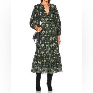 Ulla Johnson Brita Dress Dark Green Patterned Long Sleeve sz 4 NWOT